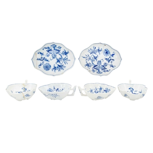 298 - A set of Four Meissen blue and white onion pattern leaf shape sweetmeat dishes.. 19th century, the b... 