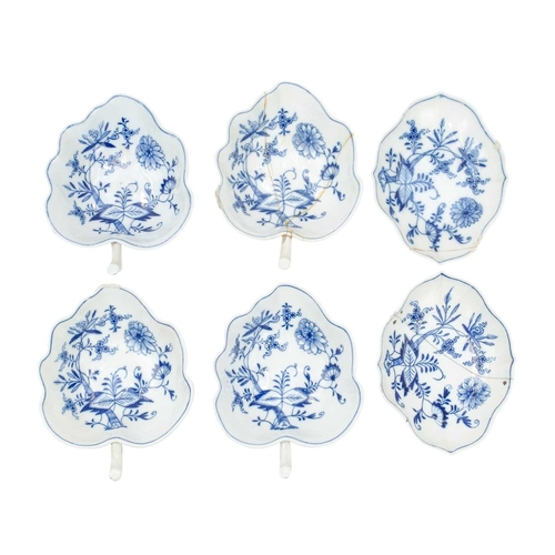 298 - A set of Four Meissen blue and white onion pattern leaf shape sweetmeat dishes.. 19th century, the b... 