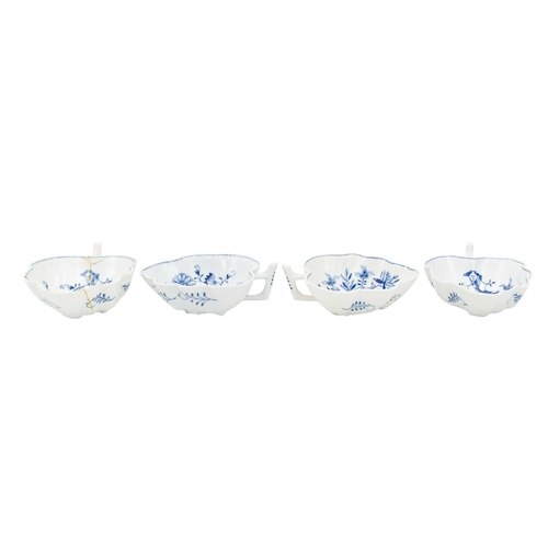 298 - A set of Four Meissen blue and white onion pattern leaf shape sweetmeat dishes.. 19th century, the b... 
