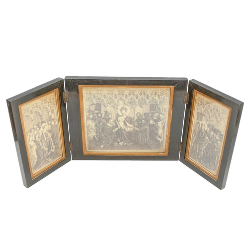 30 - A late Victorian monochrome triptych. The Dombild altarpiece, after Stefan Lochner, within an ebonis... 