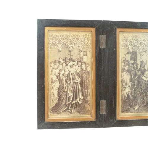 30 - A late Victorian monochrome triptych. The Dombild altarpiece, after Stefan Lochner, within an ebonis... 