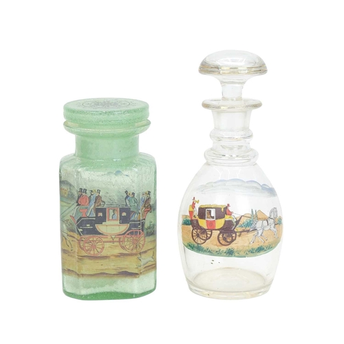 301 - An early 20th century continental glass jar, and a decanter. Both decorated with coaching scenes. 23... 