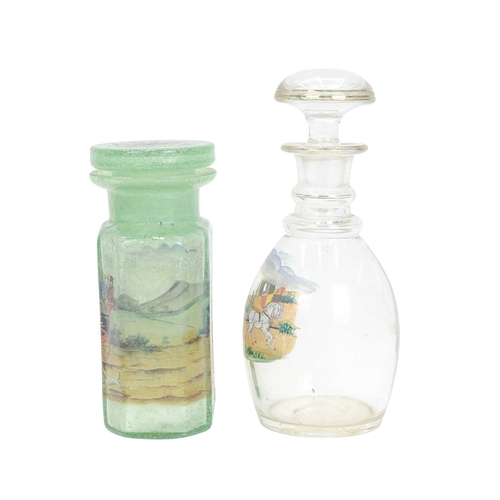 301 - An early 20th century continental glass jar, and a decanter. Both decorated with coaching scenes. 23... 
