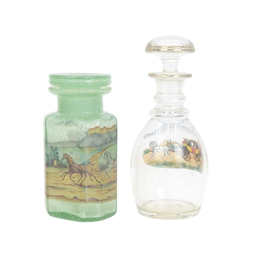 301 - An early 20th century continental glass jar, and a decanter. Both decorated with coaching scenes. 23... 