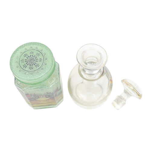 301 - An early 20th century continental glass jar, and a decanter. Both decorated with coaching scenes. 23... 