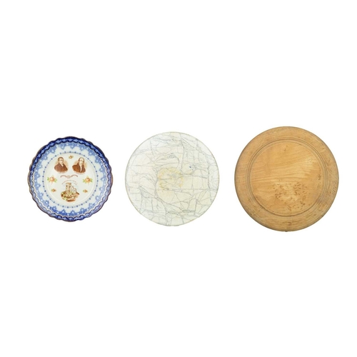 344 - A carved wood bread board. Diameter 30cm, with a W&T Avery marble effect pottery deli or butcher's p... 