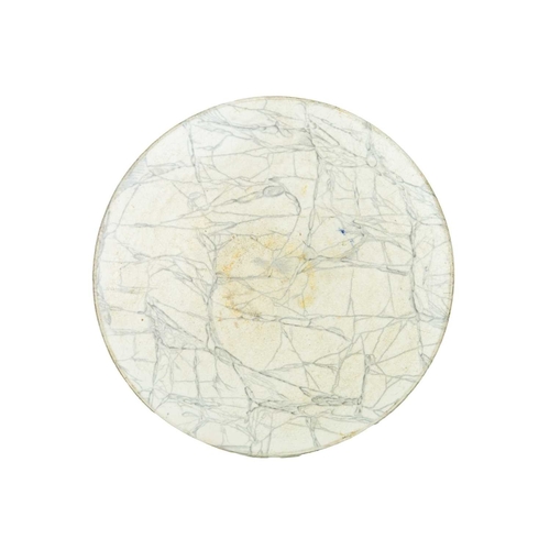 344 - A carved wood bread board. Diameter 30cm, with a W&T Avery marble effect pottery deli or butcher's p... 