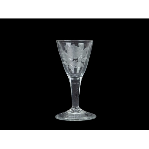 349 - A small Georgian glass. With engraved Jacobite motifs, height 10.5cm.