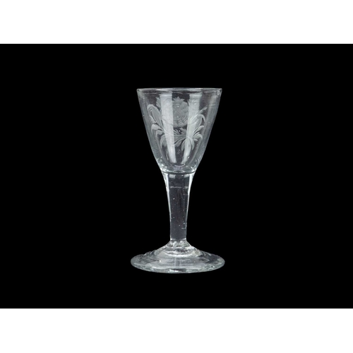 349 - A small Georgian glass. With engraved Jacobite motifs, height 10.5cm.