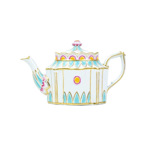 352 - A fine English pearlware teapot. Circa 1800, of elaborate moulded shape, enamelled with turquoise, f... 