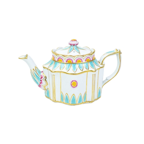 352 - A fine English pearlware teapot. Circa 1800, of elaborate moulded shape, enamelled with turquoise, f... 