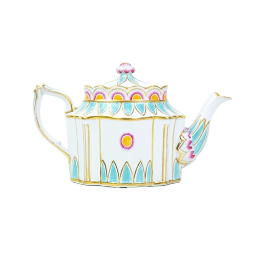 352 - A fine English pearlware teapot. Circa 1800, of elaborate moulded shape, enamelled with turquoise, f... 