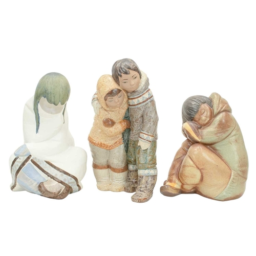 355 - Three large Lladro Gres sculptures of Inuit children designed by Juan Huerta. Comprising 'Eskimo Boy... 