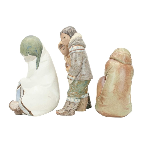 355 - Three large Lladro Gres sculptures of Inuit children designed by Juan Huerta. Comprising 'Eskimo Boy... 
