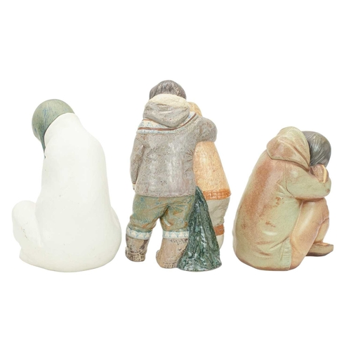 355 - Three large Lladro Gres sculptures of Inuit children designed by Juan Huerta. Comprising 'Eskimo Boy... 