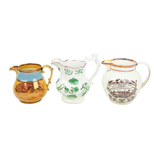 357 - Three 19th century lustre decorated jugs. One drabware, one transfer printed with God Speed the Plou... 