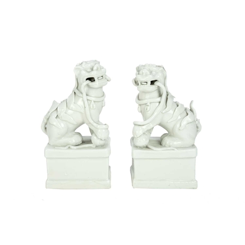 372 - A pair of Chinese blanc de chine Buddhistic lions. Qianlong, each beast rests its paw upon a ball, o... 