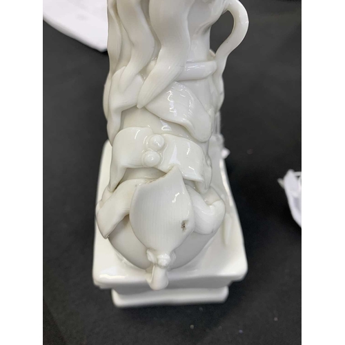 372 - A pair of Chinese blanc de chine Buddhistic lions. Qianlong, each beast rests its paw upon a ball, o... 