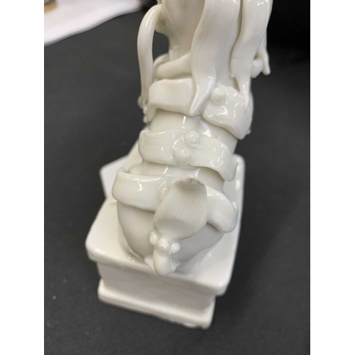 372 - A pair of Chinese blanc de chine Buddhistic lions. Qianlong, each beast rests its paw upon a ball, o... 