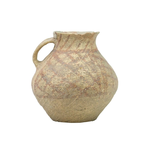 374 - A Chinese small pottery vessel. Neolithic, with a side handle and iron red cross-hatched painted dec... 