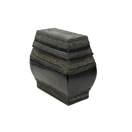 383 - A Burmese black lacquer box with thayo work decoration. The base and cover both with red lacquer to ... 