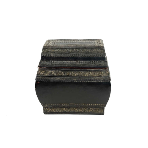 383 - A Burmese black lacquer box with thayo work decoration. The base and cover both with red lacquer to ... 