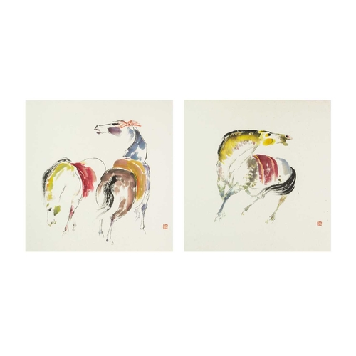 384 - Manner of Zeng Shanqing (1932-2020). Two black ink and watercolour paintings of horses. Both signed ... 