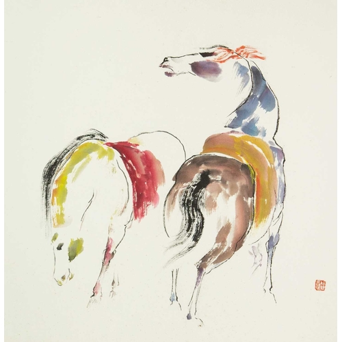 384 - Manner of Zeng Shanqing (1932-2020). Two black ink and watercolour paintings of horses. Both signed ... 