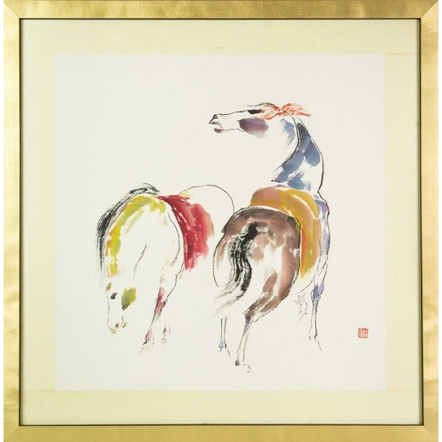 384 - Manner of Zeng Shanqing (1932-2020). Two black ink and watercolour paintings of horses. Both signed ... 
