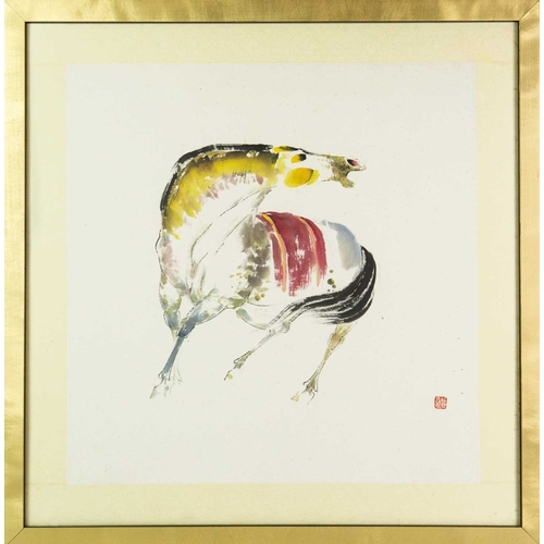 384 - Manner of Zeng Shanqing (1932-2020). Two black ink and watercolour paintings of horses. Both signed ... 