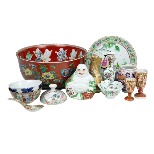 401 - A Japanese painted porcelain large bowl. Early 20th century (riveted) and other Chinese and Japanese... 