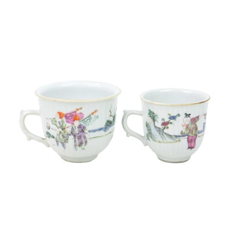 407 - Four Chinese porcelain famille rose cups. Early 19th century, variously decorated with polychrome en... 