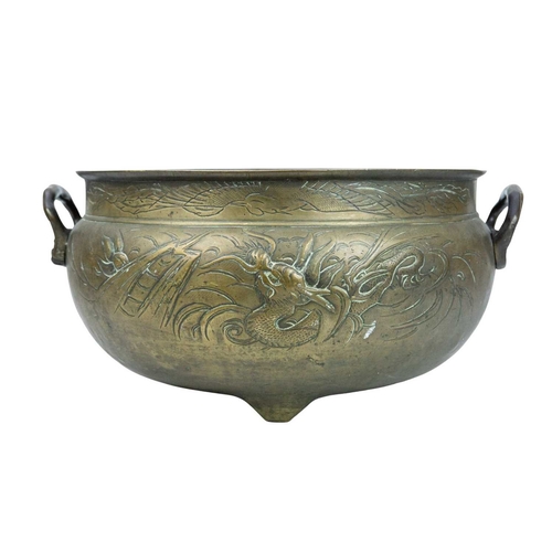 415 - A large Chinese bronze tripod censer, ding. Qing dynasty, with twin handles, cast in relief and chas... 
