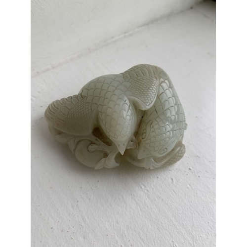 426 - A Chinese carved celadon jade group of quail, Qing Dynasty, 18th/19th century. Jade height 4cm, widt... 