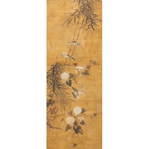 431 - A Chinese silk painting. Circa 1900, painted with sparrows amidst bamboo and flowering convulvulus, ... 