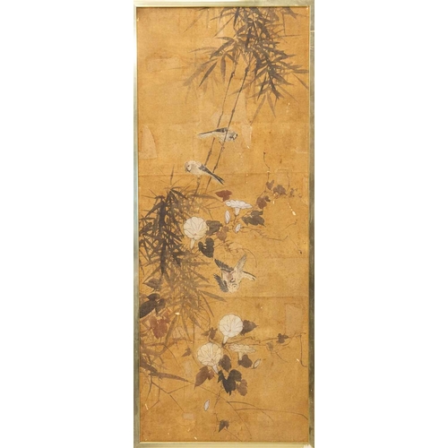 431 - A Chinese silk painting. Circa 1900, painted with sparrows amidst bamboo and flowering convulvulus, ... 