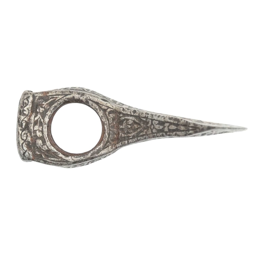 435 - A Persian Islamic silvered steel saddle axe. 19th century, finely engraved with lion and antelope am... 