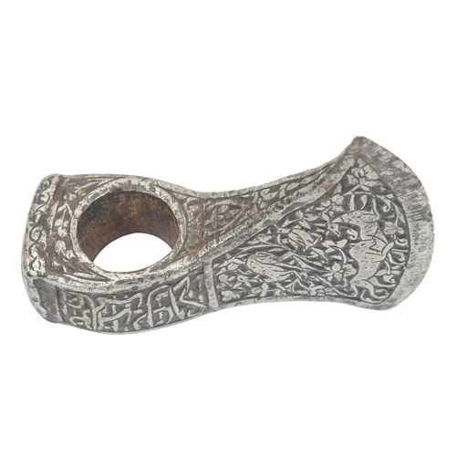 435 - A Persian Islamic silvered steel saddle axe. 19th century, finely engraved with lion and antelope am... 