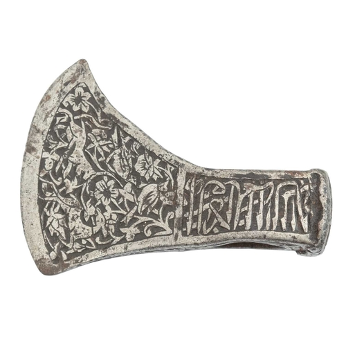 435 - A Persian Islamic silvered steel saddle axe. 19th century, finely engraved with lion and antelope am... 