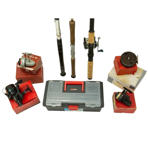 49 - Fishing reels, including Jecta II Century, boxed. A vintage Mitchell half bail spinning reel, an All... 