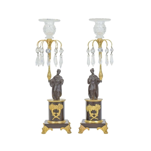 50 - A pair of Regency style bronze and gilt table lustres. Probably circa 1900, each with a cut glass no... 
