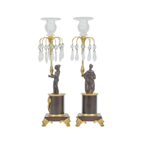 50 - A pair of Regency style bronze and gilt table lustres. Probably circa 1900, each with a cut glass no... 