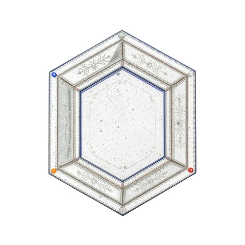 512 - A Venetian style small hexagonal sided wall mirror. 20th century, the central plate with engraved bo... 