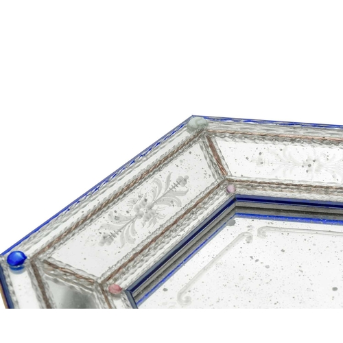 512 - A Venetian style small hexagonal sided wall mirror. 20th century, the central plate with engraved bo... 