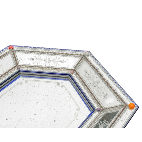 512 - A Venetian style small hexagonal sided wall mirror. 20th century, the central plate with engraved bo... 