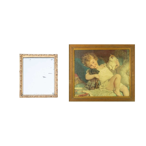 521 - A small 19th century giltwood and gesso mirror. 34cm x 29cm. Together with an Edwardian colour print... 
