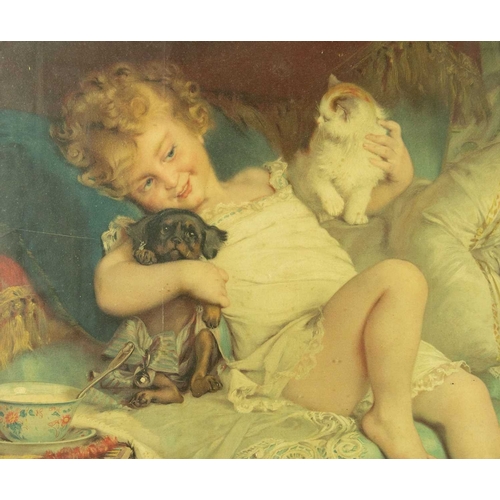 521 - A small 19th century giltwood and gesso mirror. 34cm x 29cm. Together with an Edwardian colour print... 