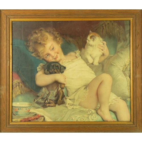 521 - A small 19th century giltwood and gesso mirror. 34cm x 29cm. Together with an Edwardian colour print... 