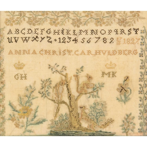 556 - A silkwork sampler, dated 1827. Probably Dutch, inscribed 'Anna Christ Car Huldberg 27/10 1827', wor... 