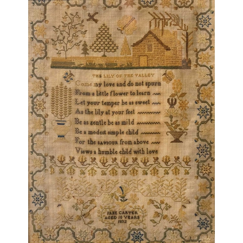557 - A William IV silkwork sampler by Jane Carter, aged 10 years, 1832. Worked with a trailing border, wi... 